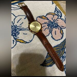 Michael Kors Gold Watch Slim Runway MK2465 Brown Leather Strap Womens